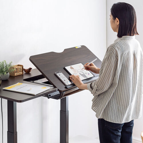 角度調整天板つき 電動昇降デスク 折りたたみ天板 引き出し付き 木目柄
