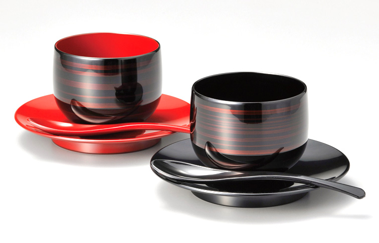 カップ・ソーサーペアセット 彩波 白檀 スプーン付き 漆塗り 12-05103