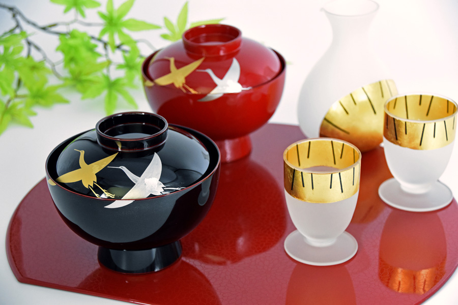 雑煮椀 千羽鶴 朱/溜 漆塗り 12-01201/01202 漆器の井助