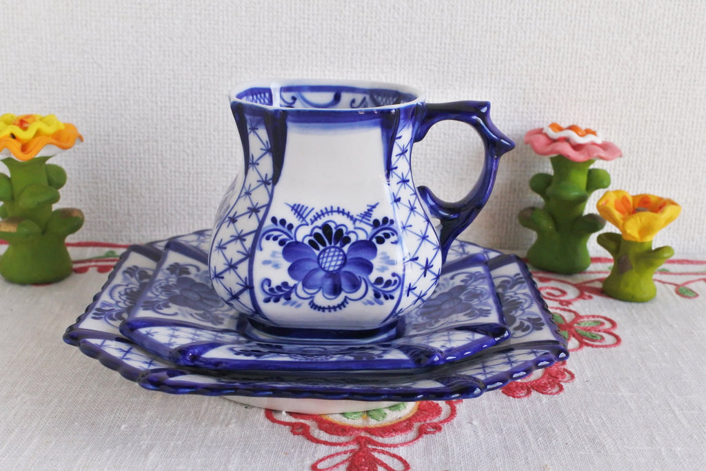 グジェリ陶器 カップ ソーサー ケーキ皿 3点セット ロシアの食器