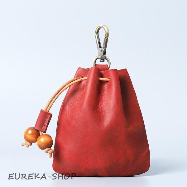 小物入れ 巾着 本革 ポーチ カラビナ付き リング 高級感 牛革 軽量