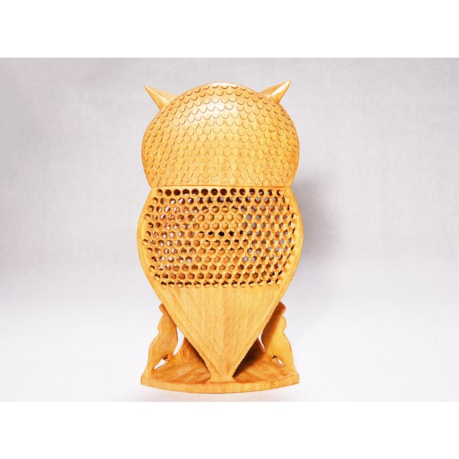 フクロウ 置物 木彫り 三重透かし彫り ふくろう 縁起物 大サイズ 桐箱