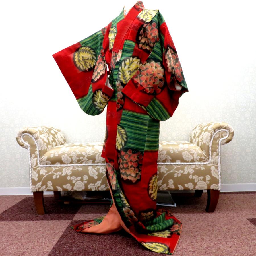 子供着物 銘仙 アンティーク 昔 女児用 赤 多色 縞 植物柄 レトロ 昔