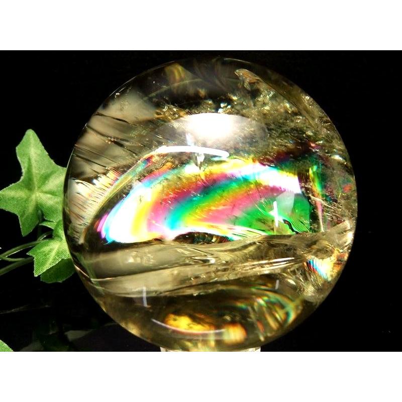 ほぼ全面 虹入り S級 レインボー シトリン 丸玉 座付き 直径約71mm 重