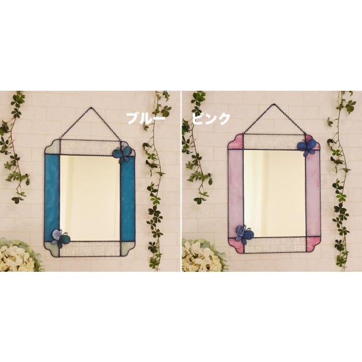 鏡 壁掛け ウォールミラー 北欧 ステンドグラス Papillon Bleu ミラー