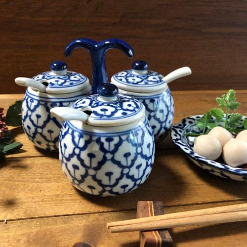 調味料入れ 一体型 青白陶器】 青白食器 パイナップル柄陶器 タイ料理