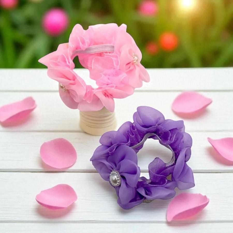 花飾りヘアゴム レディース 大きめフラワー パール付き シフォン ヘア