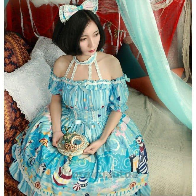 ロリータ服 サーカスプリント柄 肩出しワンピース 膝丈 甘ロリ