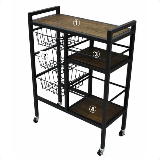 天然木 アイアン キッチンワゴン キャスター付き ワゴン 棚 バスケット