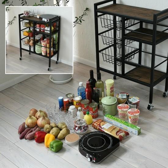 天然木 アイアン キッチンワゴン キャスター付き ワゴン 棚 バスケット