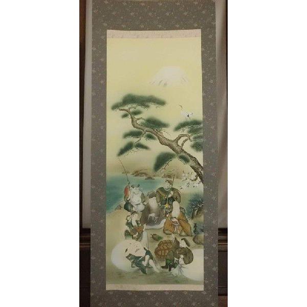 掛軸 坂口玉峰 開運七福神山水図 掛け軸 美術年鑑掲載作家 全国送料