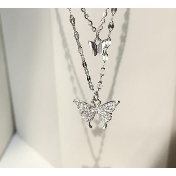 ネックレス レディース シルバー925 蝶々 スワロフスキー 2連チェーン