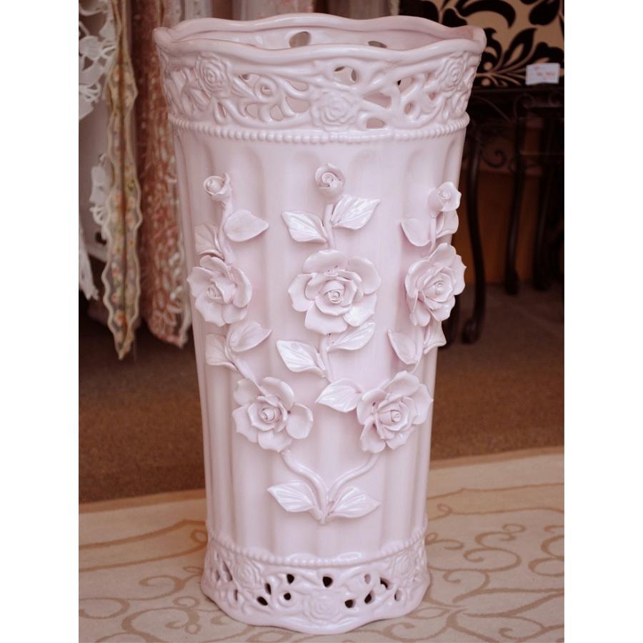 傘立て アンブレラスタンド 筒形 円筒形 陶器 ピンク 桃色 薔薇柄 バラ