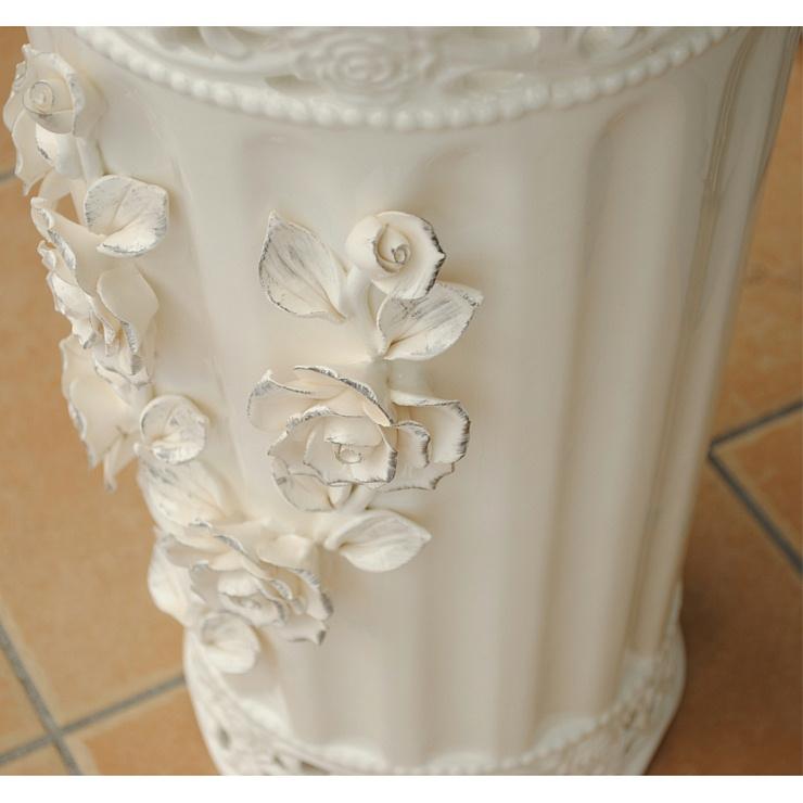傘立て アンブレラスタンド 筒形 円筒形 陶器 ホワイト 白 薔薇柄 バラ