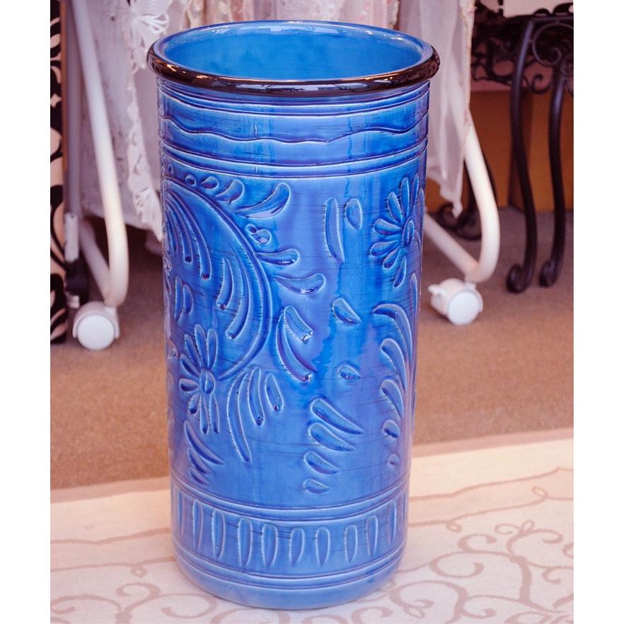 傘立て アンブレラスタンド 筒形 円筒形 陶器 ブルー 青色 花柄