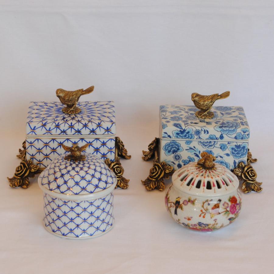 ボックス BOX 陶磁器 真鍮 小物入れ コットンパッドボックス 脚付き