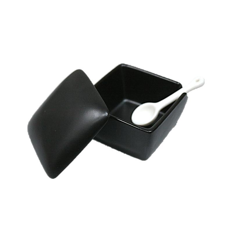 日本製 陶器 薬味入れ スプーン付き 黒マット 四角蓋物 一味 塩 山椒