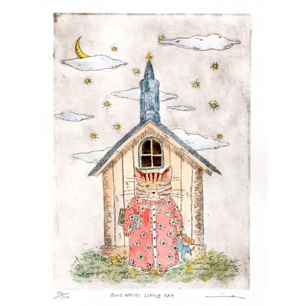 猫 絵画 可愛い絵 銅版画 エッチング 鷹塀三奈 「GOOD NIGHT LITTLE