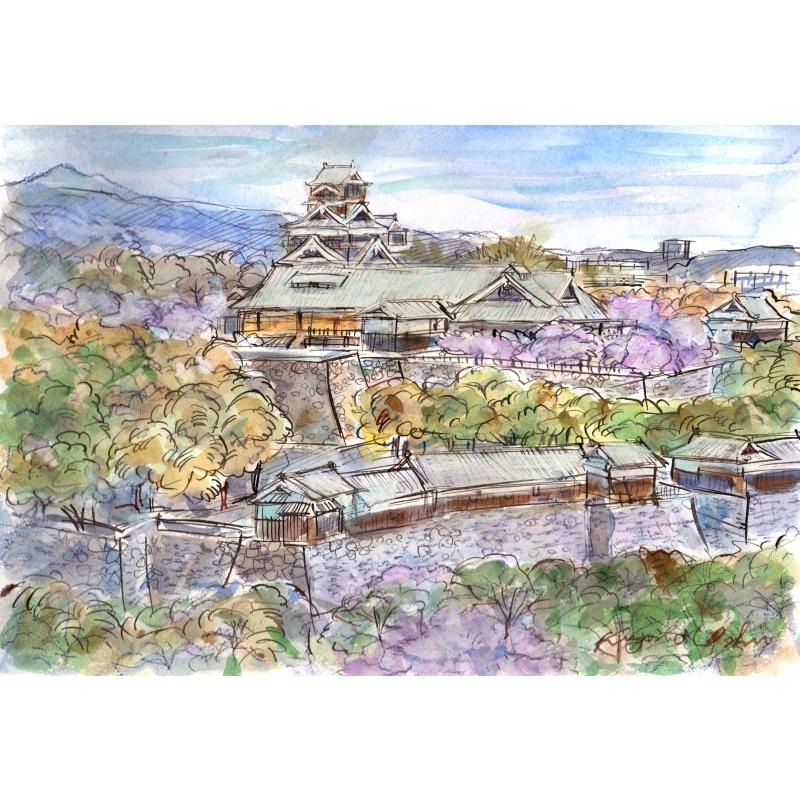 熊本城 絵画 風景画 水彩画 石井清 「さくら咲く熊本城遠望」 額付き