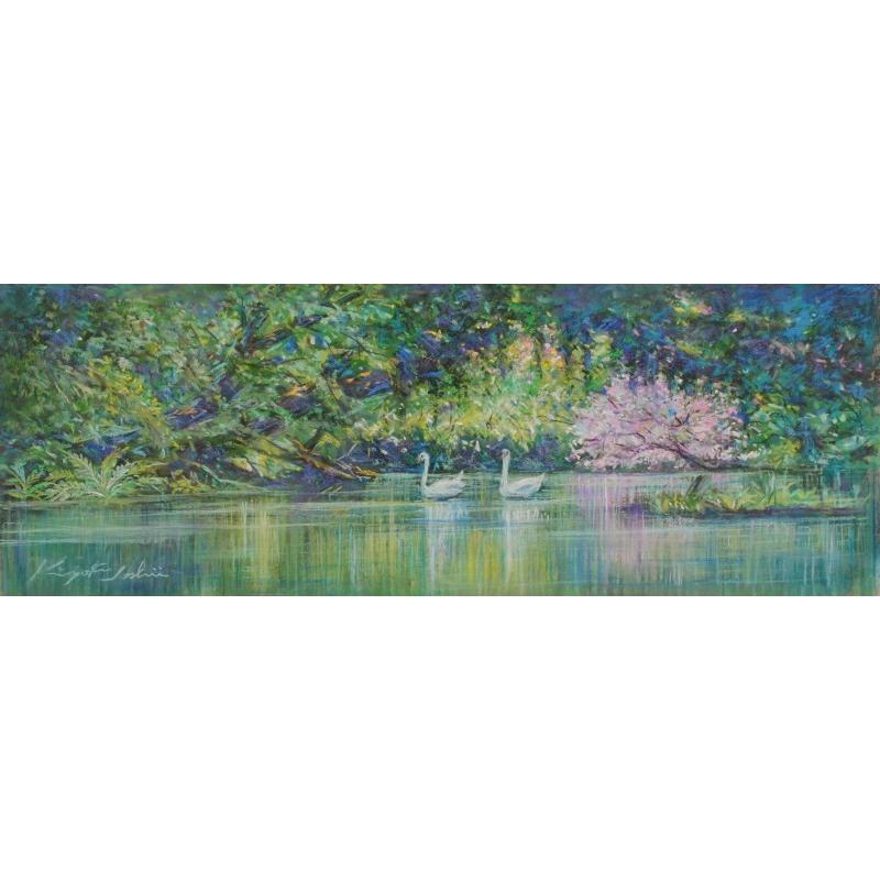 白鳥 絵画 鳥 絵 フィンランド 風景画 パステル画 石井清 「白鳥の池