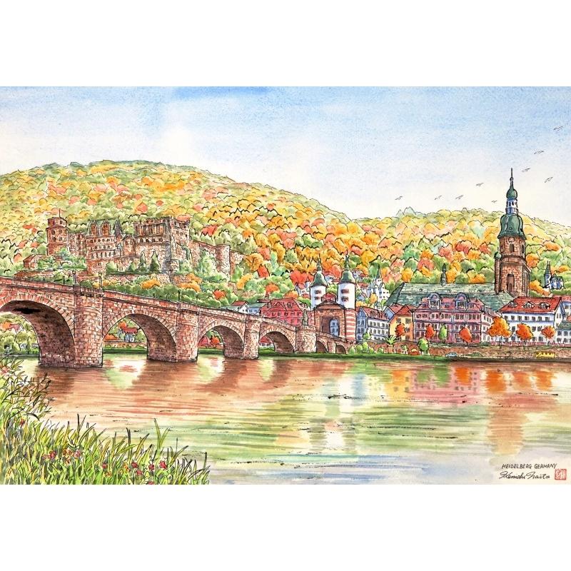 ドイツ 風景画 絵画 水彩画 内藤謙一 「ハイデルベルク・2」 額付き