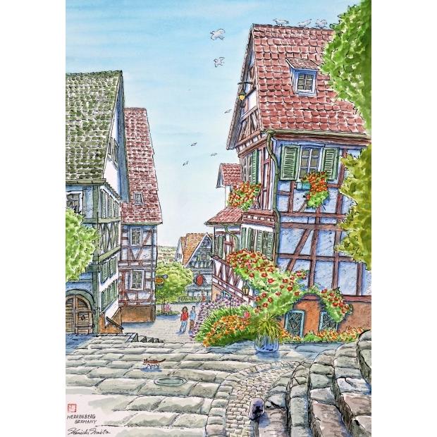 ドイツ 風景画 絵画 水彩画 内藤謙一 「ヘレンベルク」 額付き