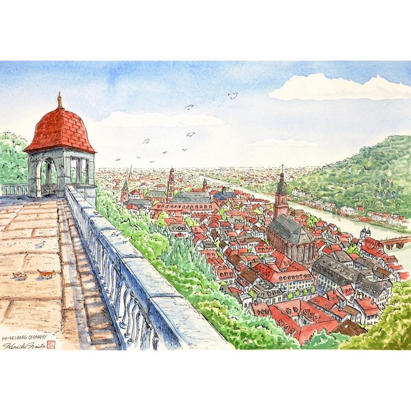 ドイツ 風景画 絵画 水彩画 内藤謙一 「ハイデルベルク・3」 額付き