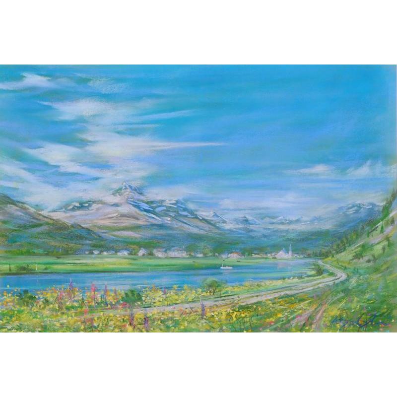 スイス 風景画 絵画 パステル画 石井清 「黄色の花の咲くアルプス」 額