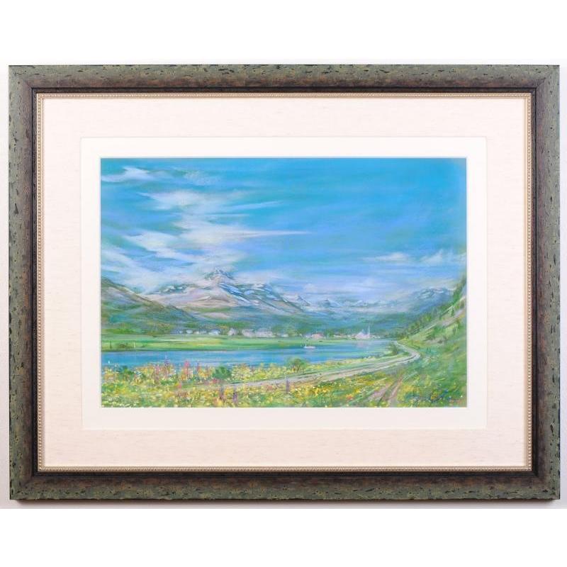 スイス 風景画 絵画 パステル画 石井清 「黄色の花の咲くアルプス」 額