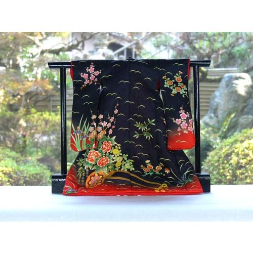 ミニチュア着物1/7振袖絵羽キットFKS 花車につゆ芝 黒（衣桁付