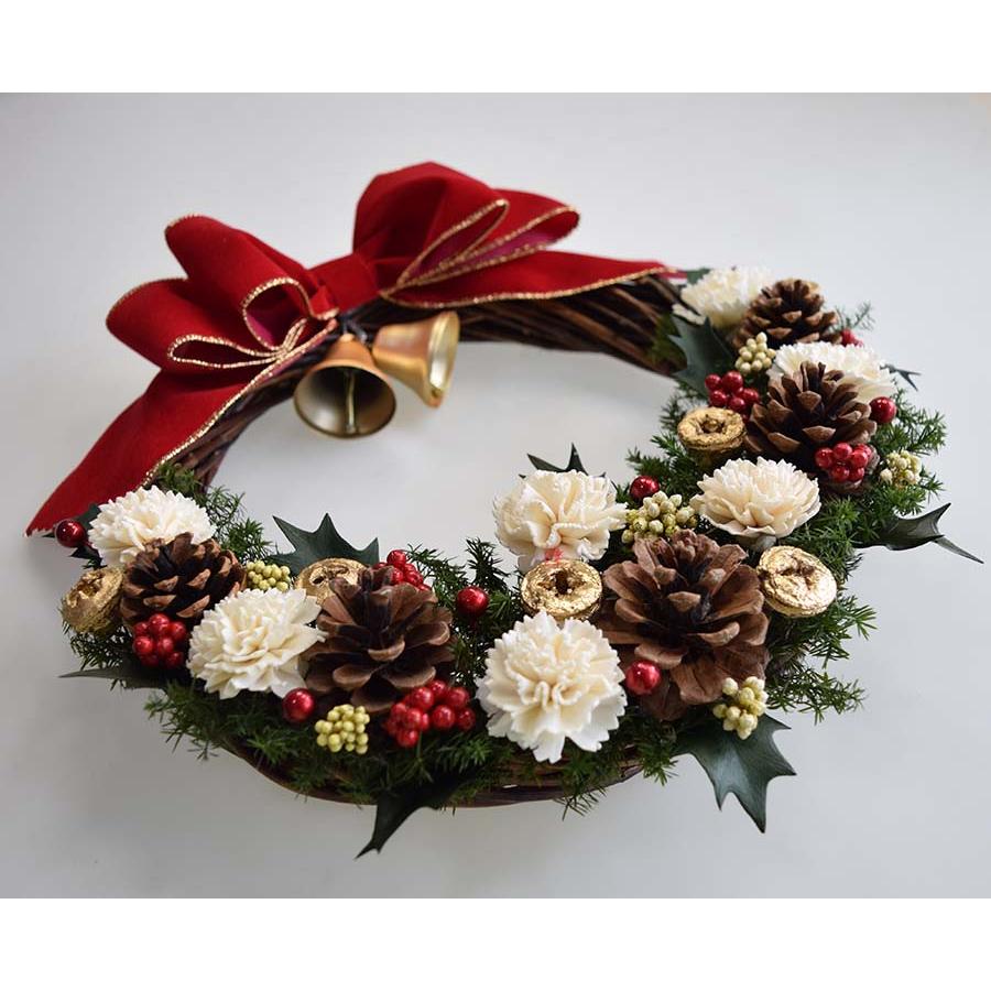 クリスマスリース ドライフラワー 赤いリボン ベル ヒイラギの葉に