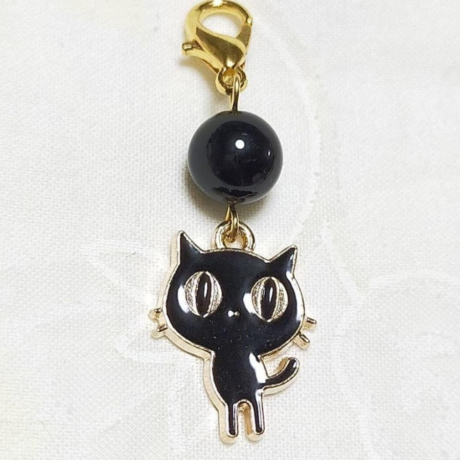 ブラックオニキス 黒猫 くろねこ cat カニカン付 天然石 チャーム