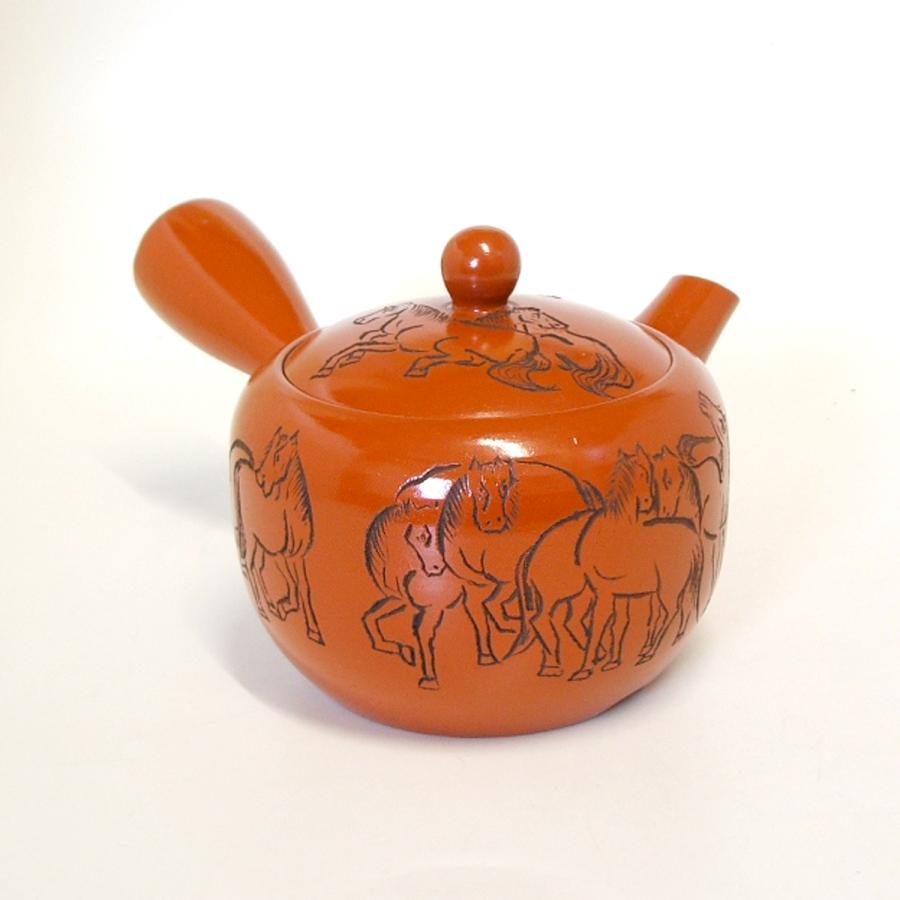 急須 新回転急須 国産 馬 朱泥 万古焼 彫 400cc ステンレス製の固定式