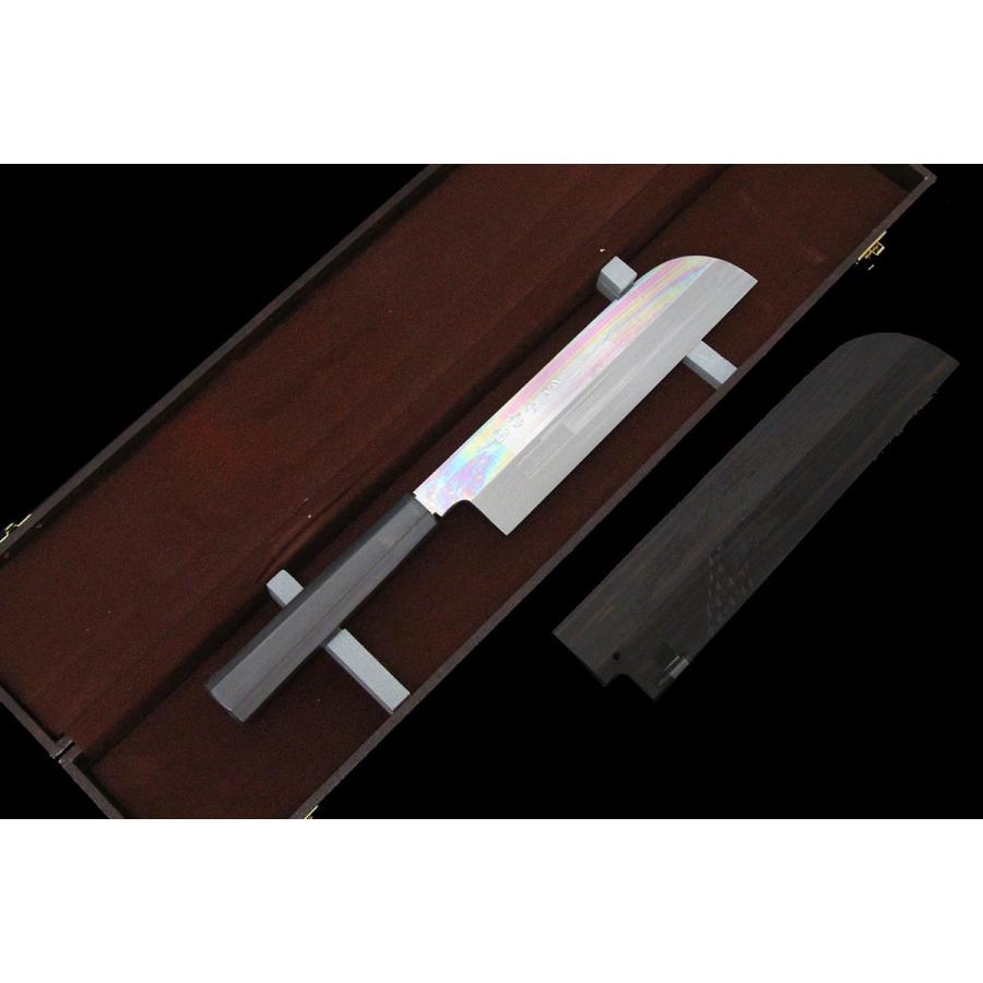 未使用品｜不動國行 鎌型薄刃包丁 本焼 七寸半 玄海正國 平鏡面 黒檀柄