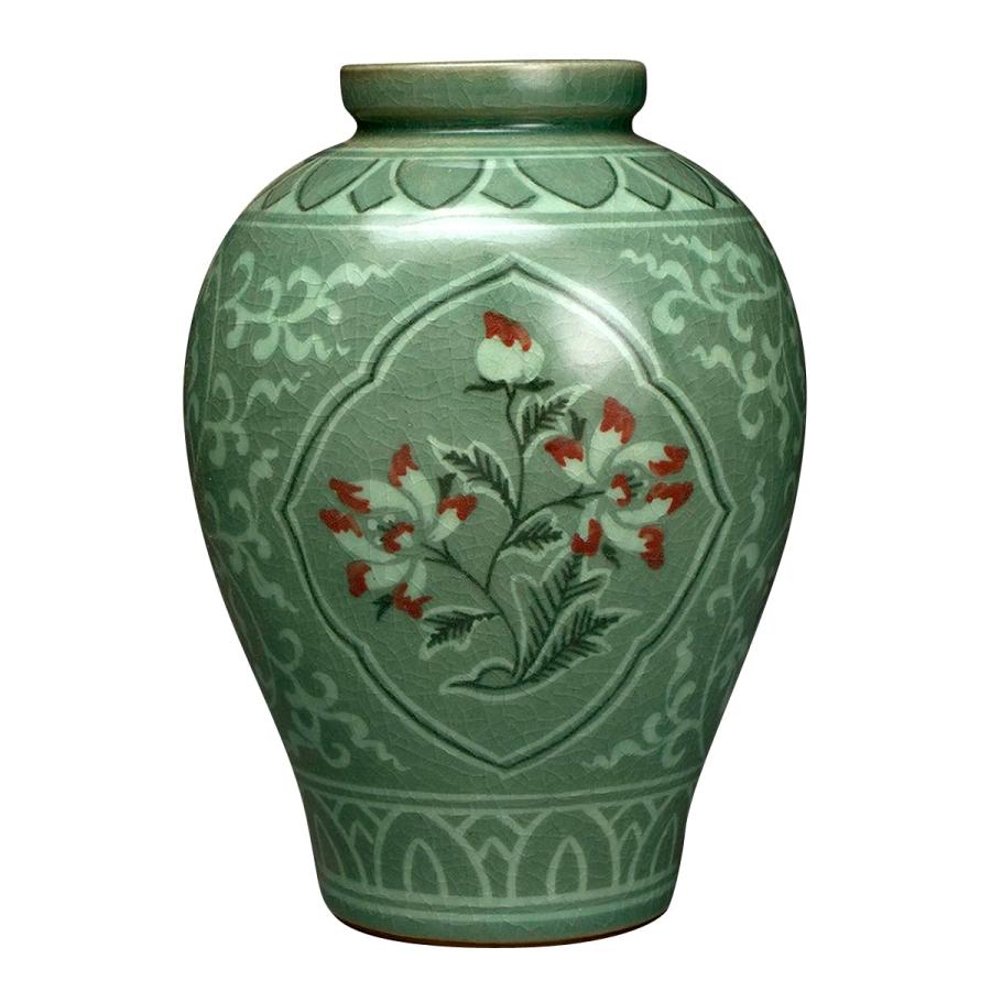 並行輸入品】韓国青磁釉 半円 象嵌銅ペイント 蓮の花 インレイデザイン