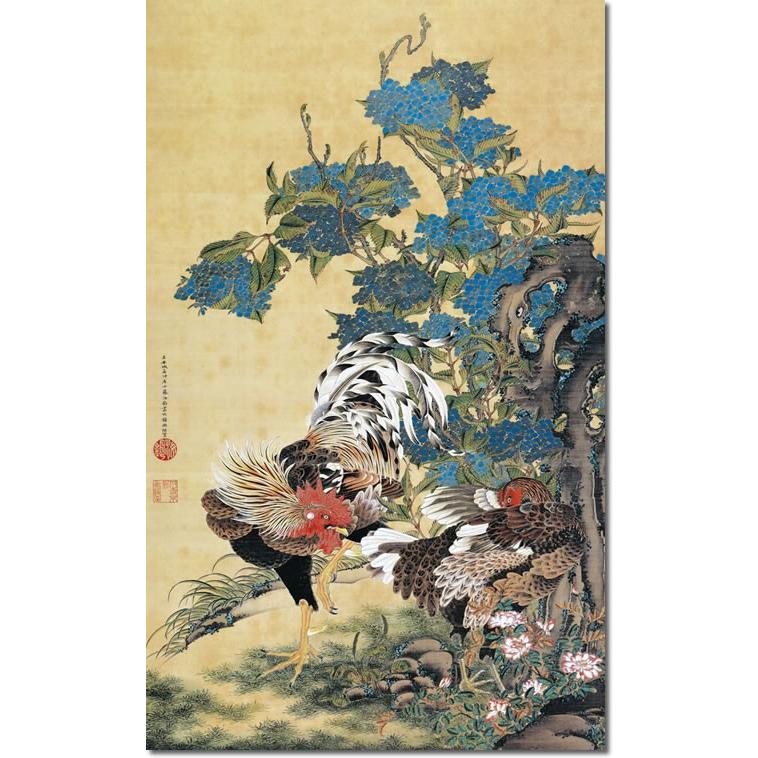 掛け軸 掛軸 伊藤若冲（いとうじゃくちゅう）・紫陽花双鶏図（あじさい