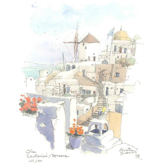 絵画 版画 鈴木新・イアの家並 ギリシア・サントリーニ島 風景画