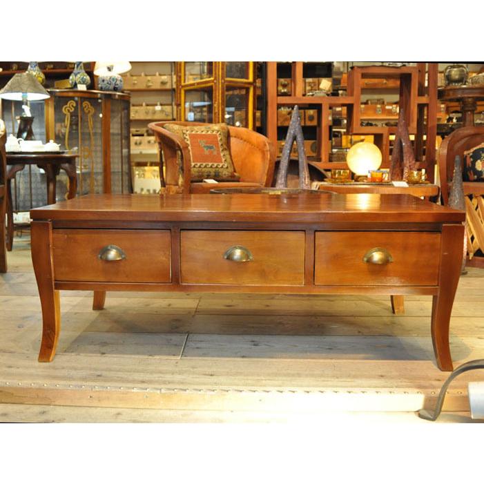 ローテーブル 引出し付 コーヒーテーブル 天然木 茶 チーク無垢材 古材