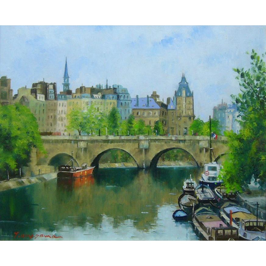 絵画 梅沢民雄 肉筆油絵 風景画 水辺 パリ セーヌ河 送料無料 : アート