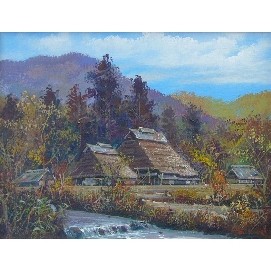 竹内敏彦 絵画 油絵 肉筆油絵 風景画 山麓の民家 F6 送料無料 : アート