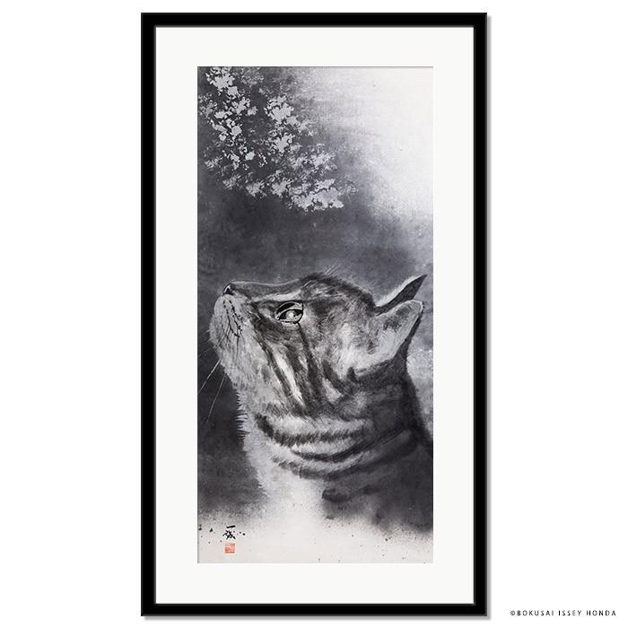 絵画「夢」猫 額入り 壁掛け 105cmx60cm 縦長 モダン 白黒 おしゃれ 絵