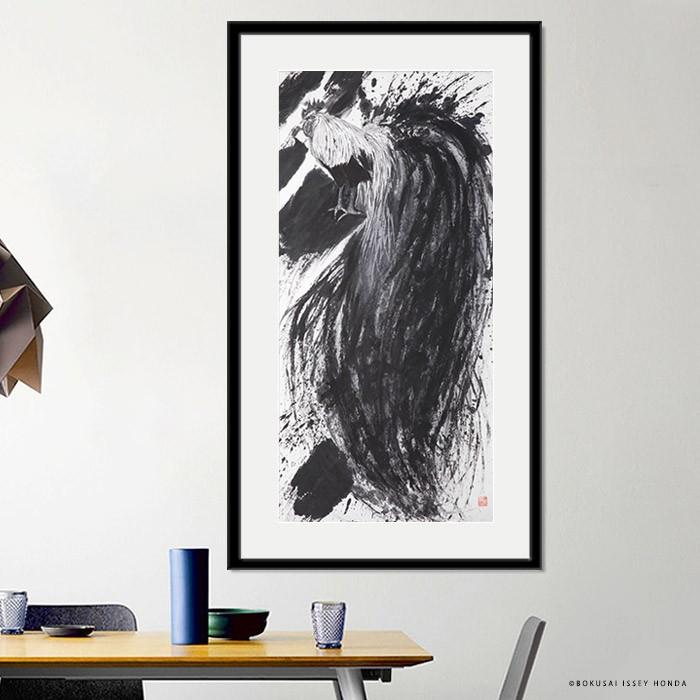 水墨画「伸」尾長鶏 絵画 インテリア 額入り 壁掛け 縦長 モダン 現代