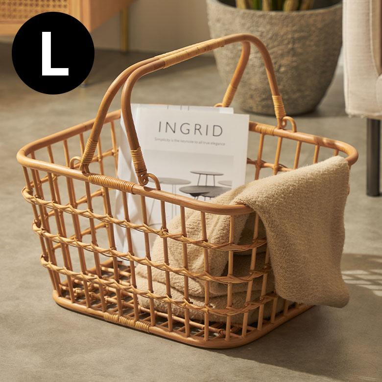 バスケット かご Lサイズ ラタン 籐 ハンドル 付 約 幅 45cm 収納 衣類