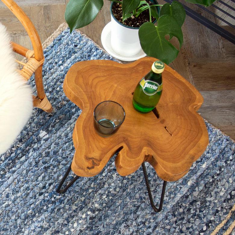 東谷 サイドテーブル 切り株天板 木製 アイアン脚 幅40cm ブラウン 茶