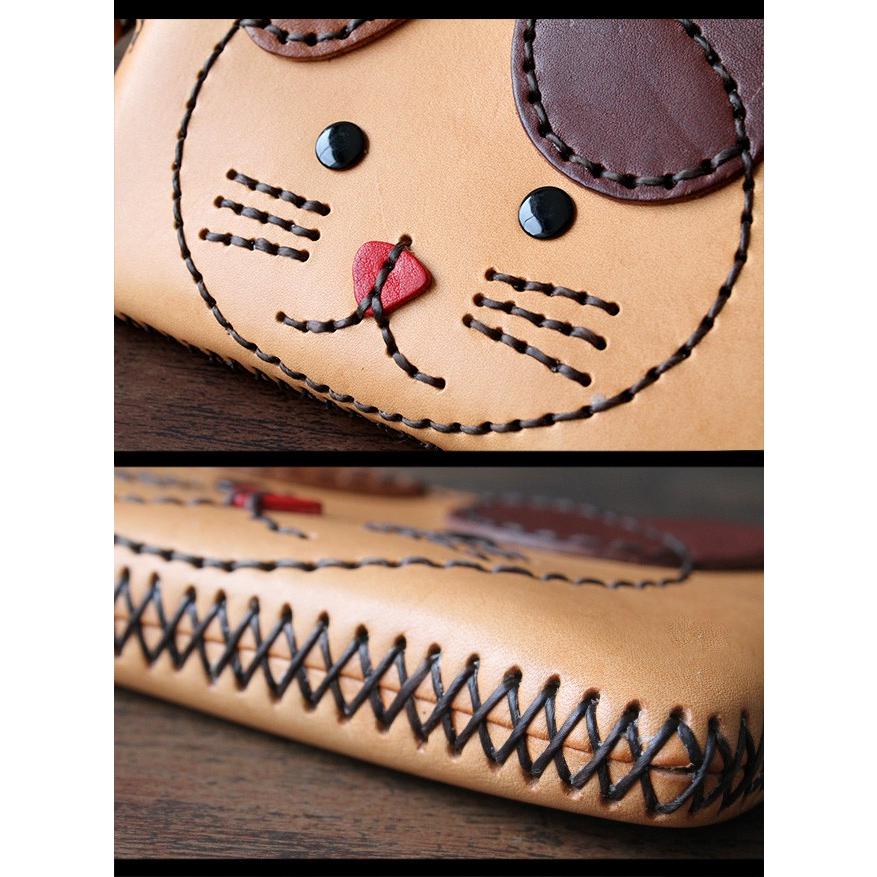 レザーポーチ 本革 猫 ネコ レディース ハンドメイド ストラップ付き