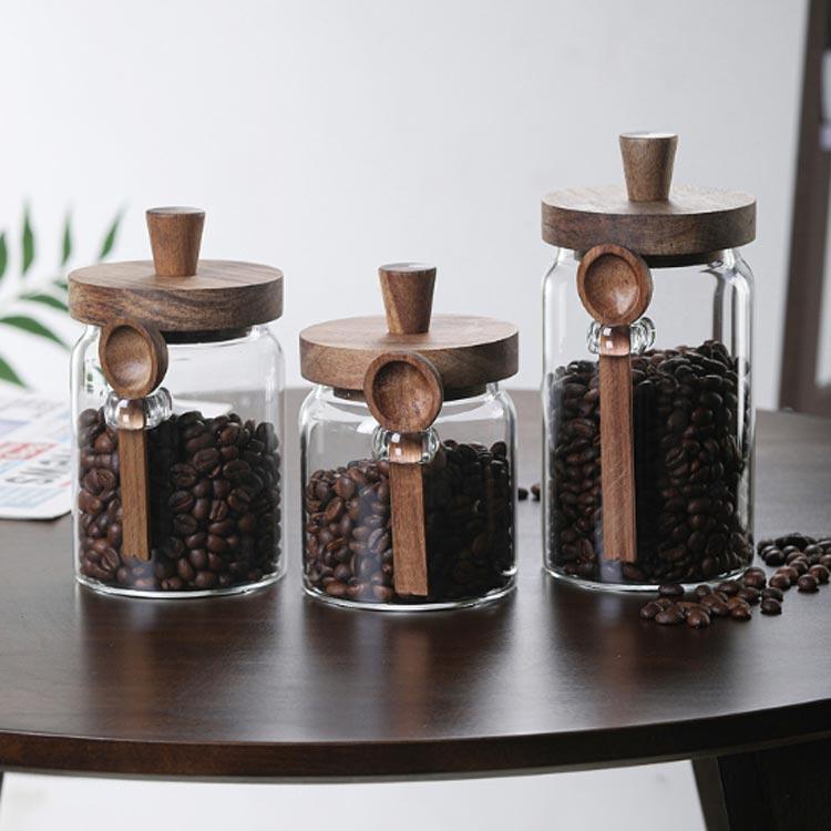 キャニスター 2個セット 木の蓋 スプーン付 木製蓋付き ガラス