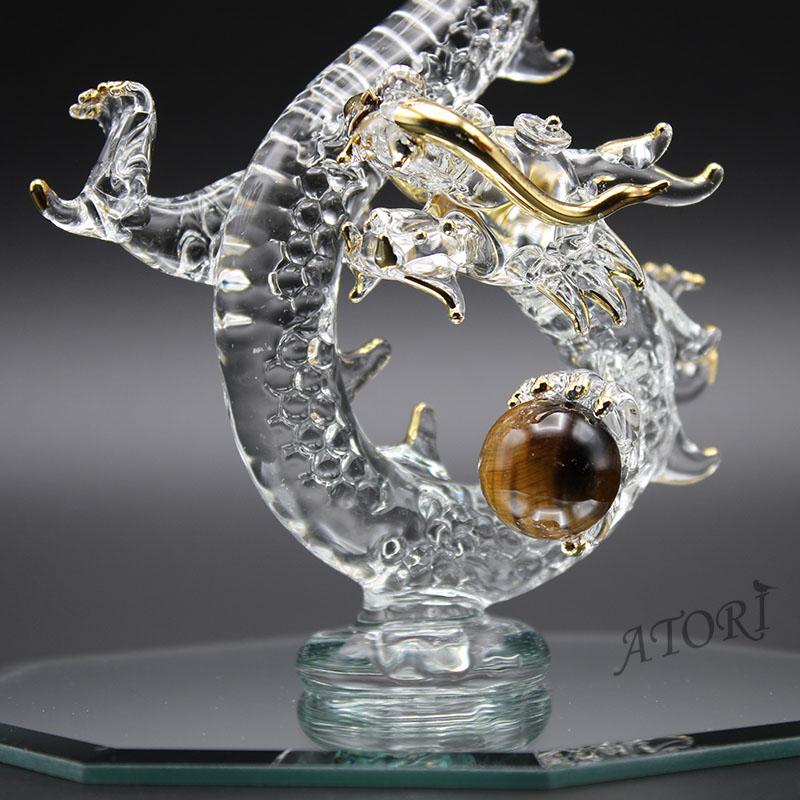 龍の置物 ガラス細工 降臨龍 20cm タイガーアイ丸玉付き 金運 風水