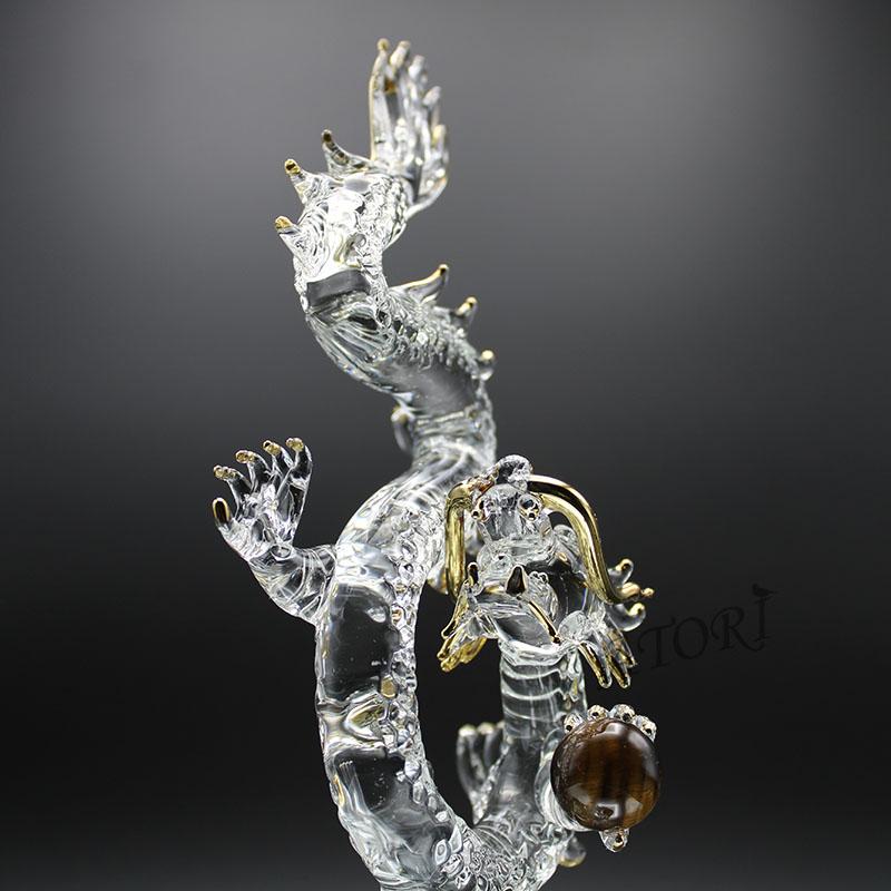 龍の置物 ガラス細工 降臨龍 20cm タイガーアイ丸玉付き 金運 風水