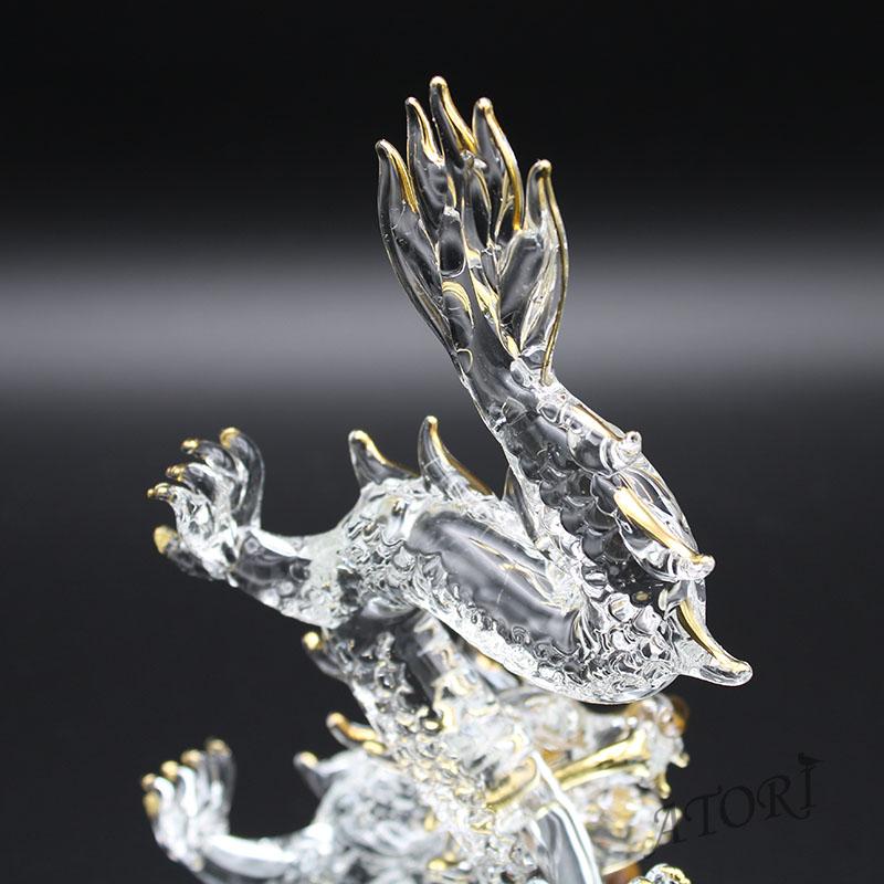 龍の置物 ガラス細工 降臨龍 20cm タイガーアイ丸玉付き 金運 風水