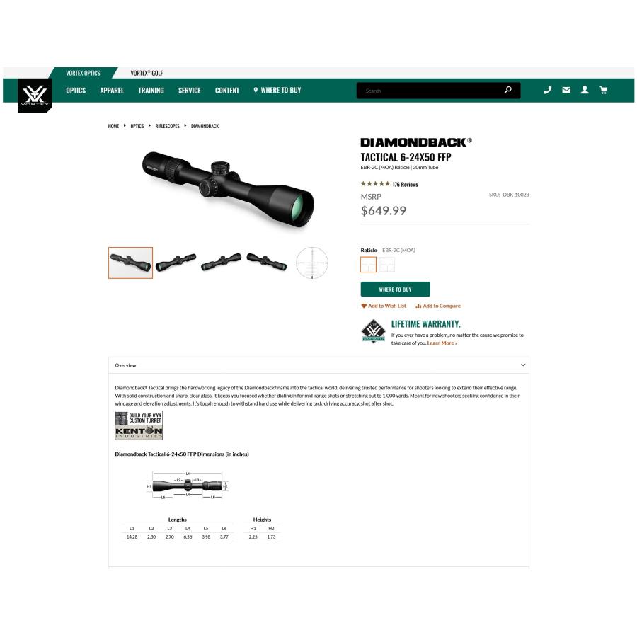 Vortex Optics Diamondback Tactical 6−24x50 FFP MOA ライフル